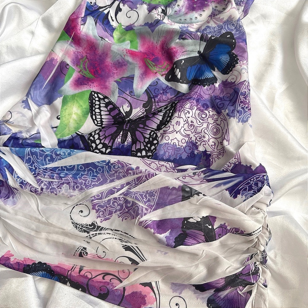 Jamie Nicole Collection One Shoulder Butterfly Floral Rhinestone Top Small